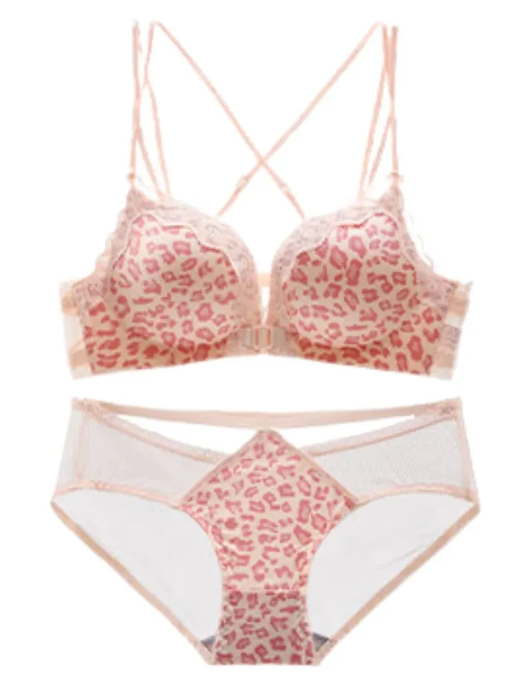 Comfortable Leopard Print Front Fastening Bra Set for Women Backless Small Chest Enhancing Hot Sale Lingerie — image 6