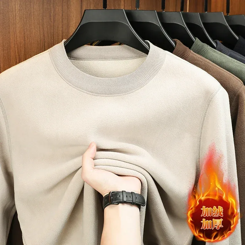 Taglagas at Winter Men's Velvet Hoodie Long Sleeve Round Neck Solid Color Fashion Casual Versatile Top — image 12