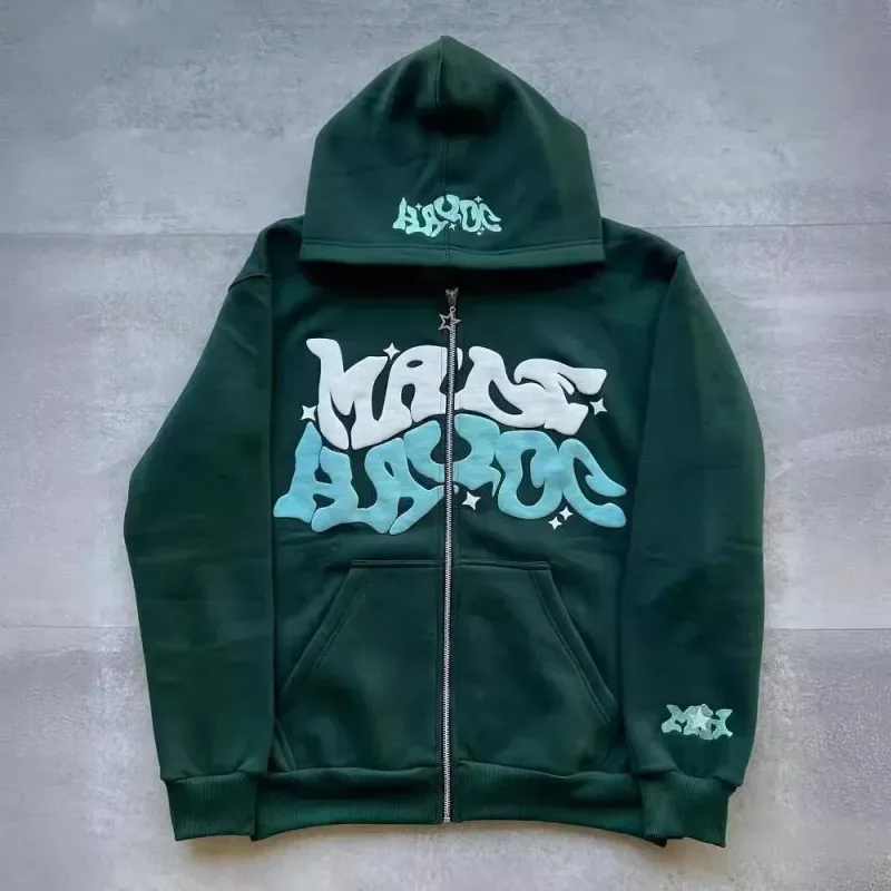 Men's Retro American Letter Zipper Printed Hooded Sweatshirt Unisex Autumn and Winter Open Cardigan — image 2