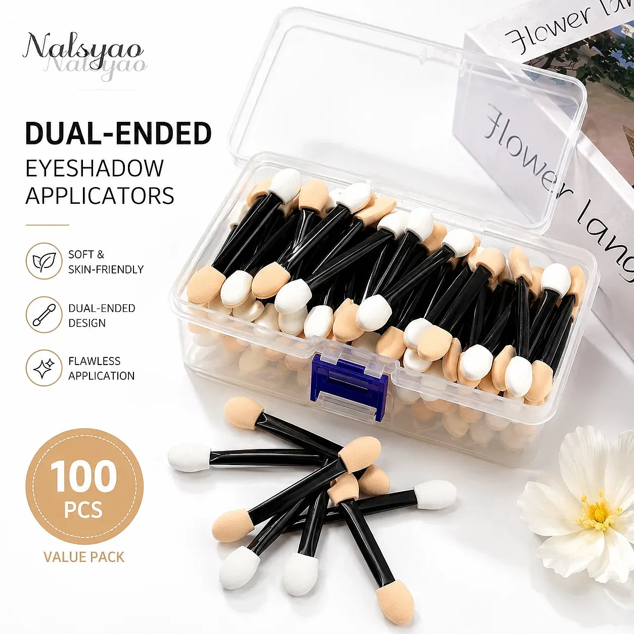 50/100/200PCS Dual-Sided Sponge Eyeshadow Applicators with Container – Long Handle Disposable Makeup Brushes Tool — image 1