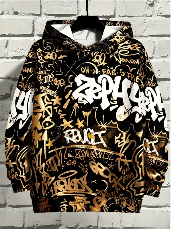 European at American Men's Autumn Gothic Letter Graffiti Print Soft and Comfortable Hooded Sweatshirt Outdoor Street Top — image 4