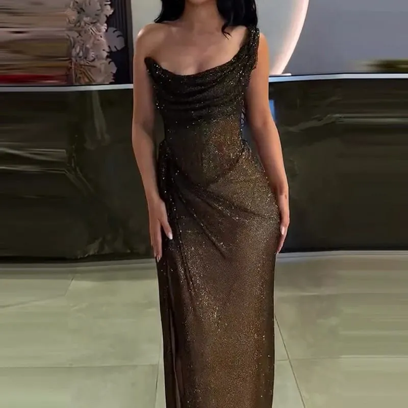 Sexy Elegant Full Length High Split Party Dress Chic Girdling Banquet Maxi Dress Luxury Women One Shoulder Glitter Slim Dress — image 3