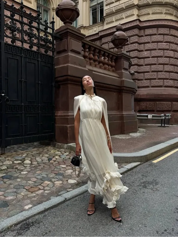 Solid Multi-layer Ruffled Maxi Dress Women Elegant Sleeveless Off-shoulder High Waist Dresses Lady New Chic Vacation Party Gowns