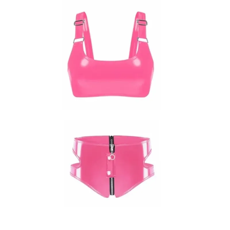 Conjunto de sutiã de couro sintético feminino, look molhado pvc, lingerie sem fio, sem forro, bralette punk com zíper, cuecas de virilha, roupa de balada — image 2