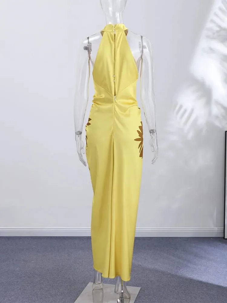 2026 Summer Printed Halter Maxi Dress Women Sleeveless Pleated Chic Satin Long Dresses Fashion Vacation Beach Party Lady Robe — image 5
