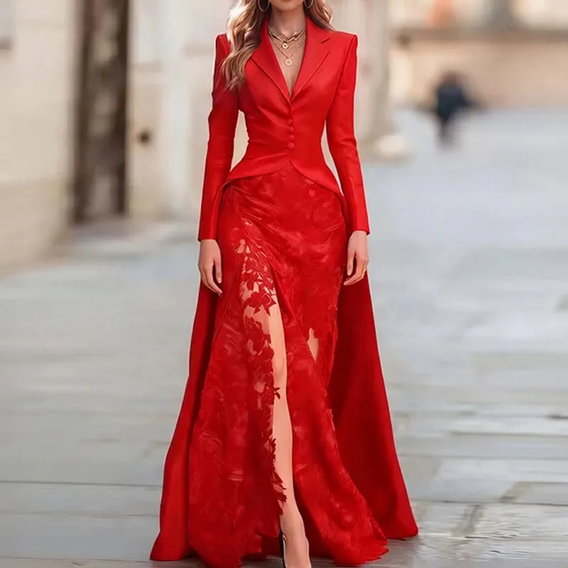 Autumn Women's Lapel Button Top and Skirt Two Piece Set Lace Patchwork Slim Fit Party Suit Elegant Solid Formal Occasion Outfit — image 5