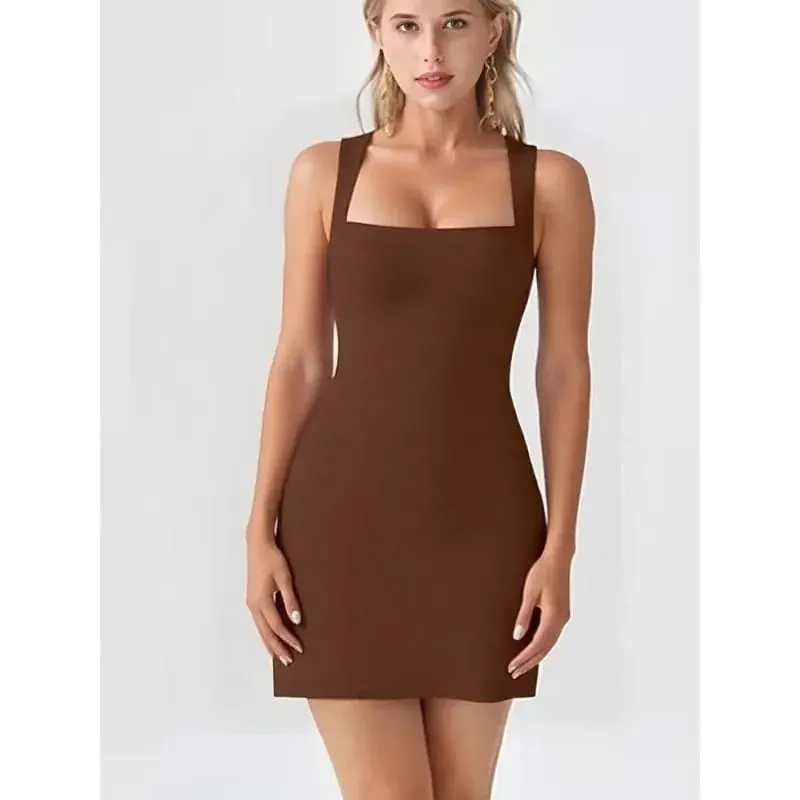 Simple Solid Color Slip Dress Summer Elegant Square Neck Sleeveless Short Dressest Fashion Versatile Casual Slim Fit Dress — image 6