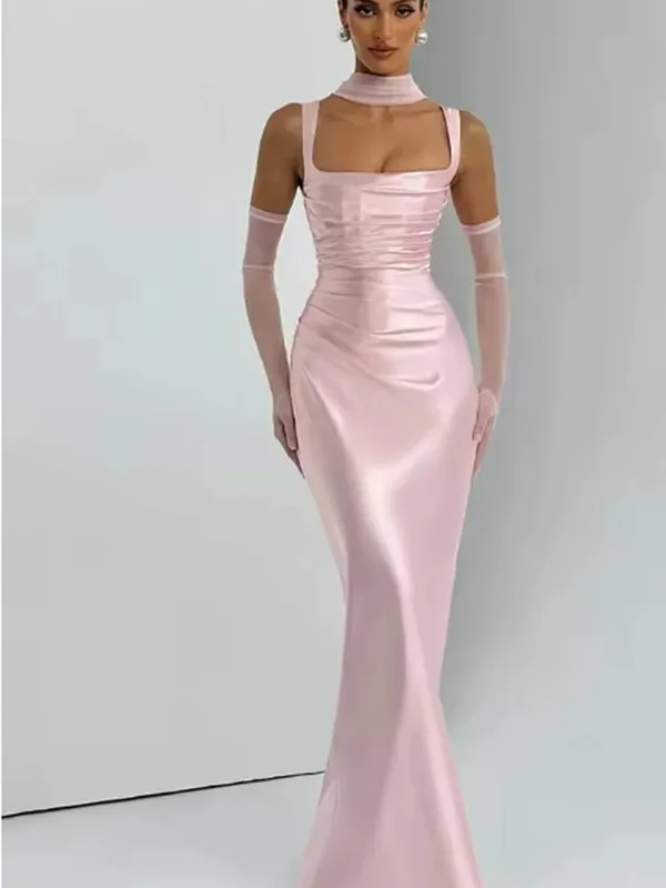 Elegant Scarf Collar Sling Women Summer Dress Solid Sleeveless Off-shoulder Slim Maxi Dresses 2026 Lady Chic Evening Party Gown — image 8
