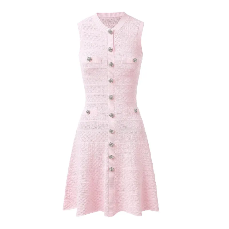 New Summer Women's Sleeveless Knit Dress Elegant Sweet Pink Casual Party Mini Short Dresses Female Knitwears with Buttons — image 2