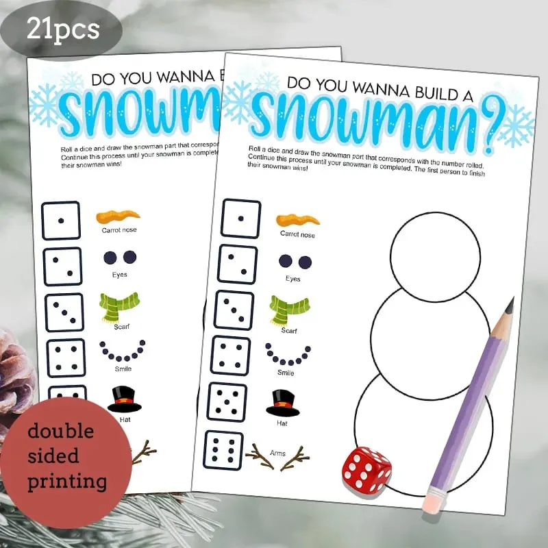 21pcs Christmas Roll a Snowman Game Cards Dice Rolling Game Set Snowman Drawing Game Family Party and Holiday Party Game