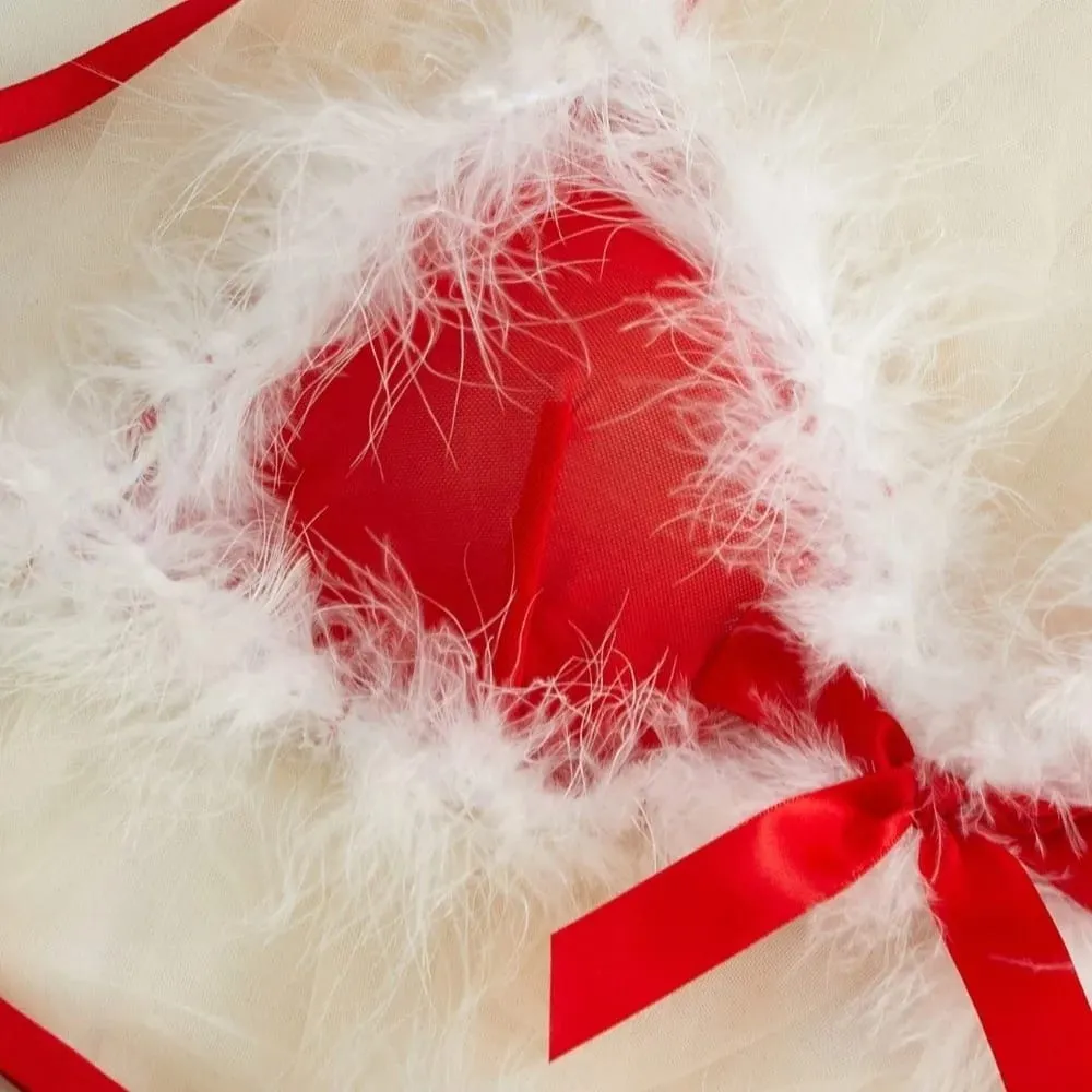 Sweet Furry Women's Underwear Wireless Mesh Transparent Lingerie Set Romantic Intimate Bow Decor Bra Panties Suit Christmas