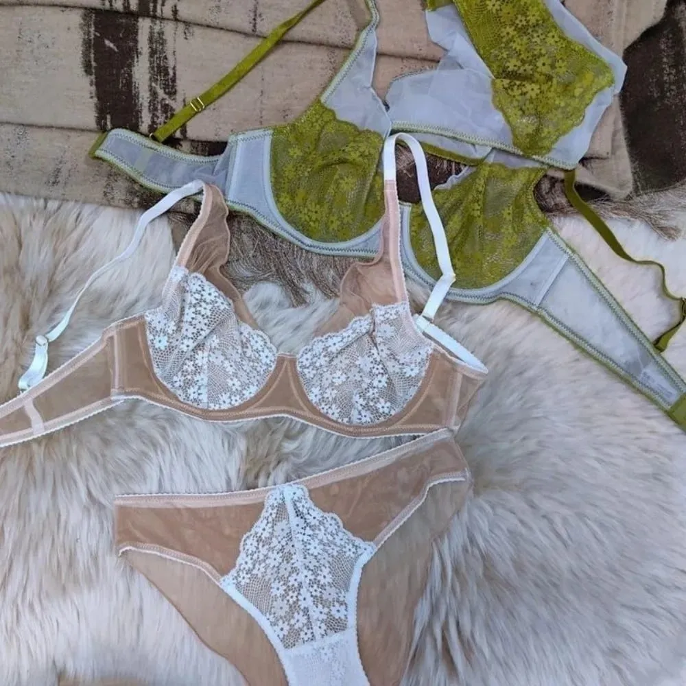 Sweet Mesh Lace Flower Bra Set Brassiere Underwear Mesh Bra Panties Kit Lingerie Thin Lace Floral Underpants Girl — image 4