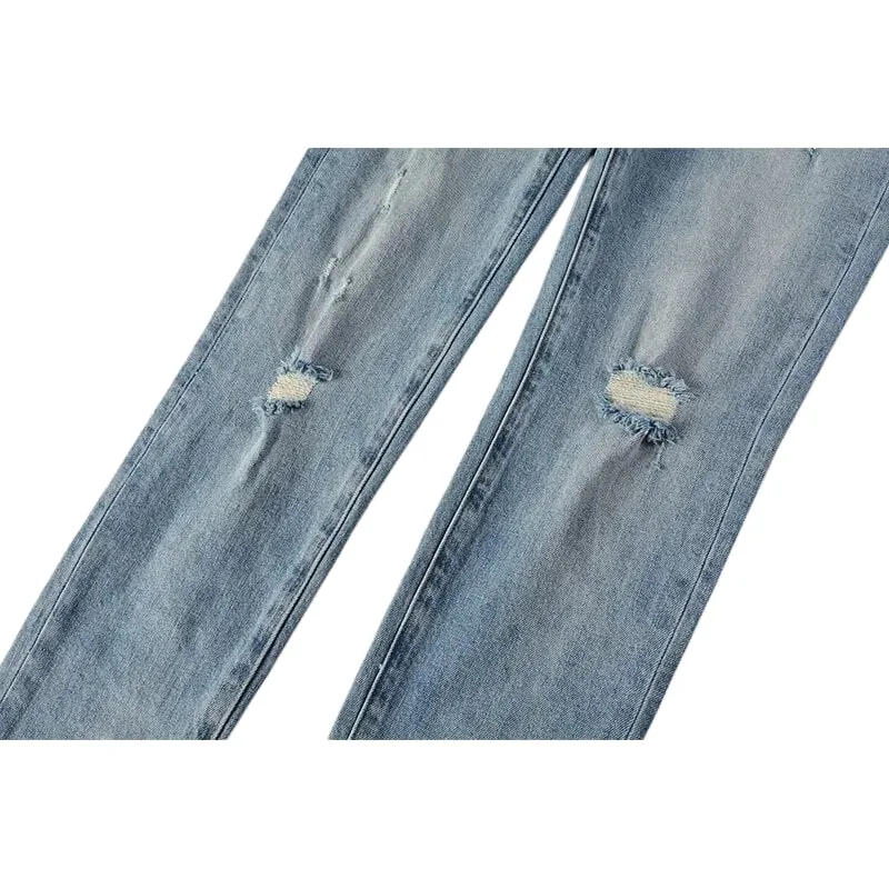 Men's Slim Taper Ripped Jeans Vintage Light Blue Wash Frayed Edges Button Fly High Street Style Denim Pants — image 5