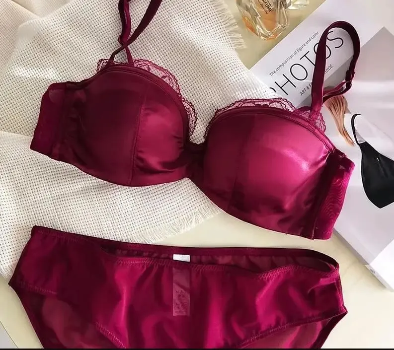 Thin section half cup underwear set panties small breasts gathered large size lingerie ultra-thin sexy lace girls bra new