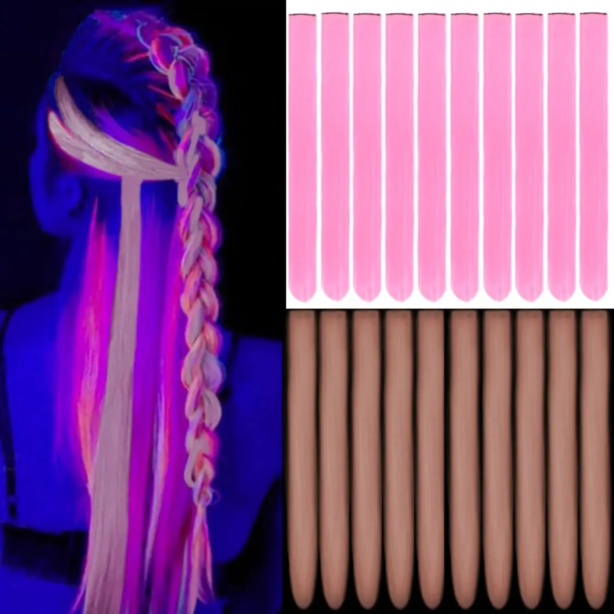 Glow In The Dark Clip‑In Hair Extensions 24 Inch Synthetic Peekaboo Highlight Hairpieces For Festival Halloween Party