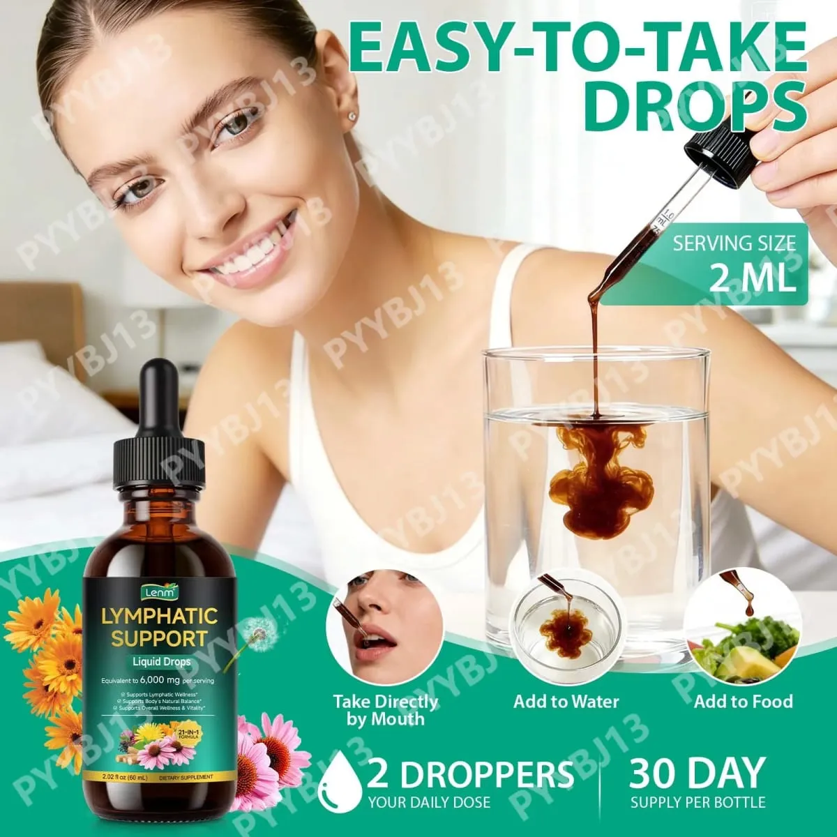 Lenm 60ml sistema linfático limpa suplementos líquidos de suporte imunológico gotas de ervas linfáticas orgânicas naturais para suporte de equilíbrio — image 7