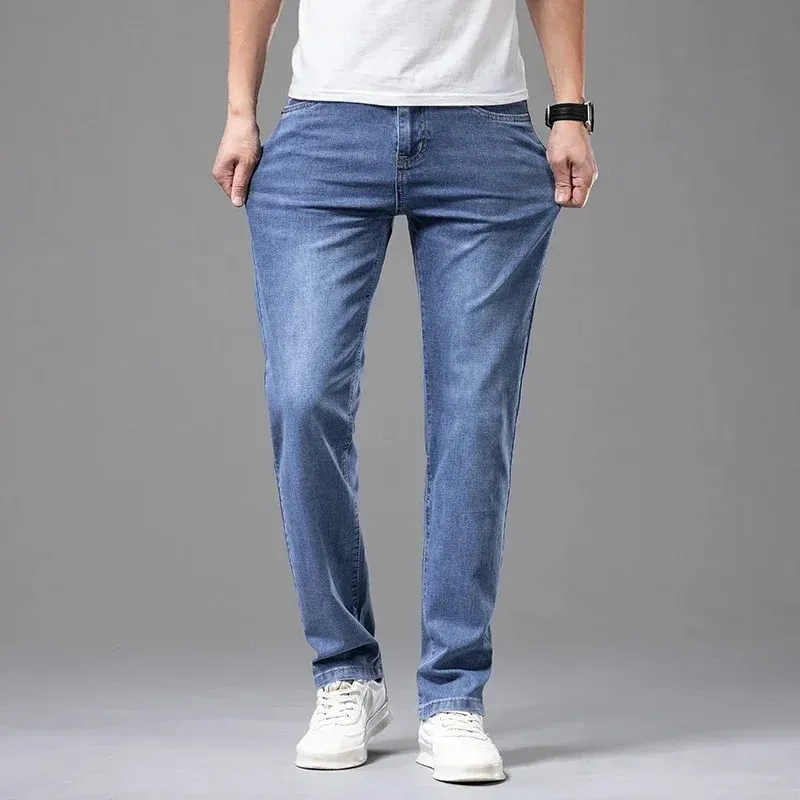Marca de verão masculina ajuste reto leve algodão estiramento jeans negócios casual cintura alta fina luz cinza calças dos homens — image 5