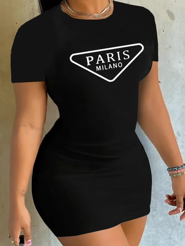 Verão feminino paris carta impressão casual fino ajuste manga curta em torno do pescoço camiseta curto mini vestido