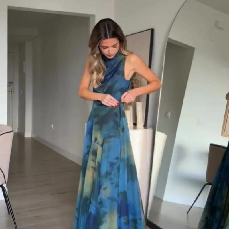 Pambabaeng Elegant Asul na Watercolor Print Maxi Dress Walang Manggas Cowl Neck Satin Formal Evening Gown A-line Floor Length Party Dress — image 3
