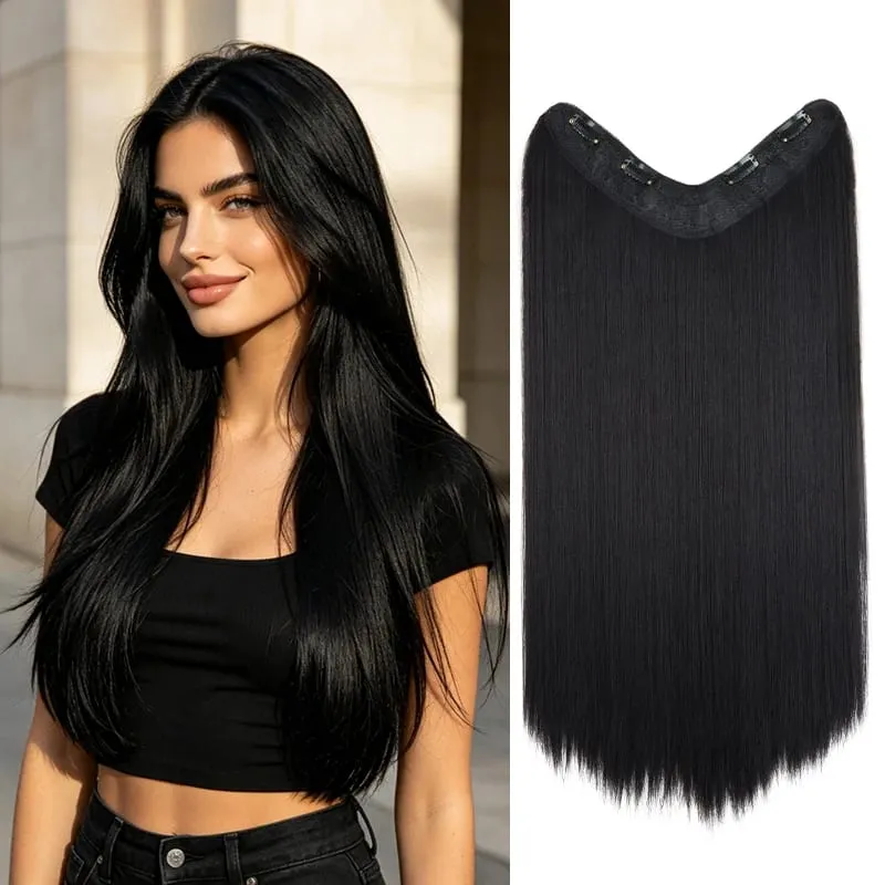 Synthetic 24Inch Long Straight One Piece Hair Extension 4 Clips V-shaped Hairstyle Black Brown Hairpiece for Women Daily Use — image 1
