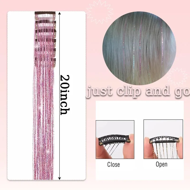 12pcs 20inch Tinsel Hair Extensions Wigs Colorful Shiny Artificial hair extensions Clip in Women Hairpieces for Daily Party Wear — image 3