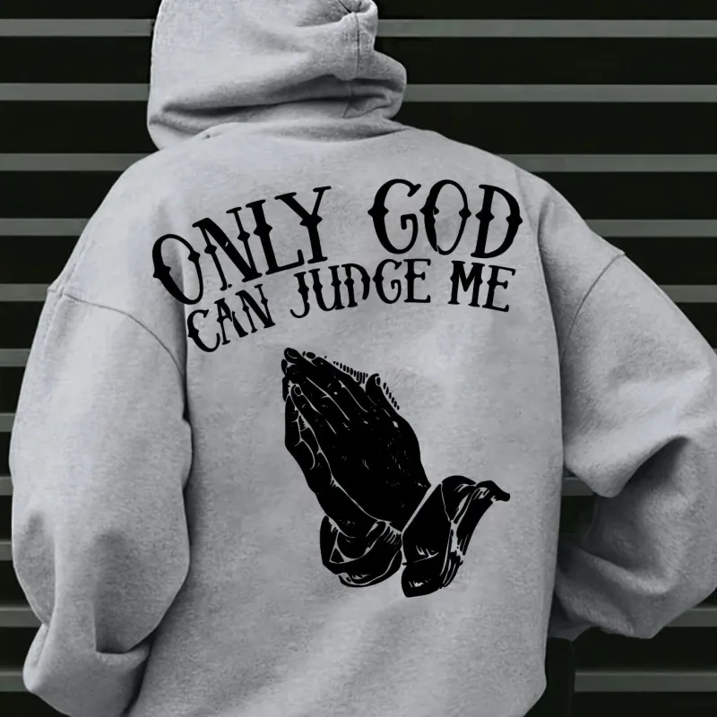Moletom com capuz masculino "Só Deus pode me julgar" streetwear com mãos em oração pulôver gráfico inspirador para estilo casual — image 2