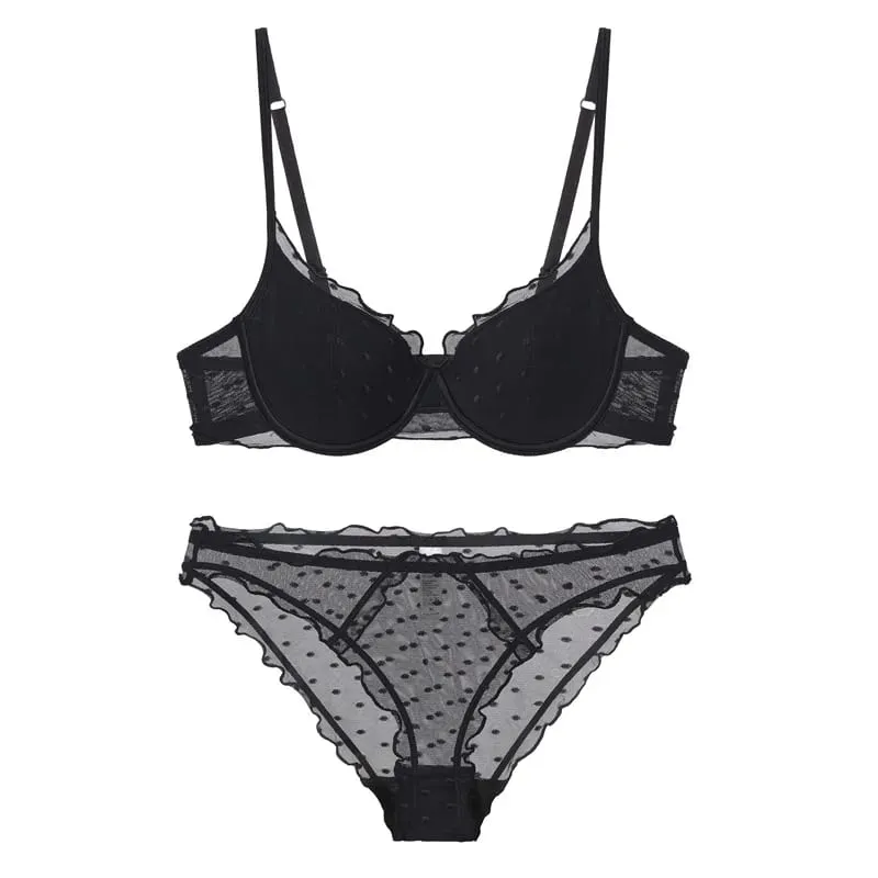 French Lace Women Underwear Sexy Hollow Thin Cup Push Up Bra Fashion Ladies Romantic Lingerie 4 Color Bras With Mesh Panties Set — image 9