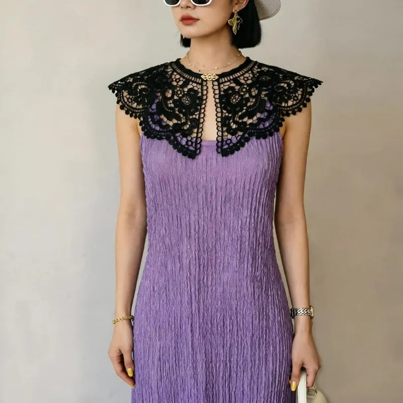 Pleated Sleeveless Elastic Long Dresses Women Vintage Palace Style Womens Black White Doll Fake Collar Soft Midi Dress Clothing — image 1