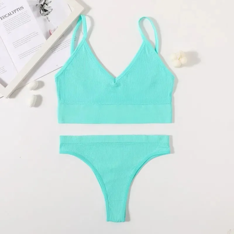 Women Seamless Bra And Panties Set Low Waist High Leg Cut Thongs Non-Wire Bra Top Sexy Lingerie Ladies U-Back Underwear Set