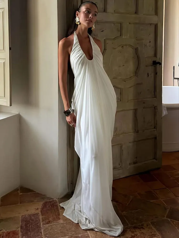 Mozision Mesh Halter Backless Sexy Maxi Dress Women Gown Fashion Elegant V Neck Sleeveless Pleated Club Party Long Dresses — image 4