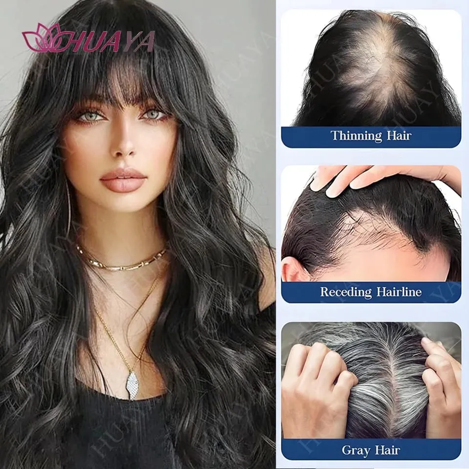 Synthetic 3 Clips In Topper Long Wavy Hairpiece Black Brown Women Fake Hair Clip In Hair Extensions With Bangs Fake Hairpiere — image 7