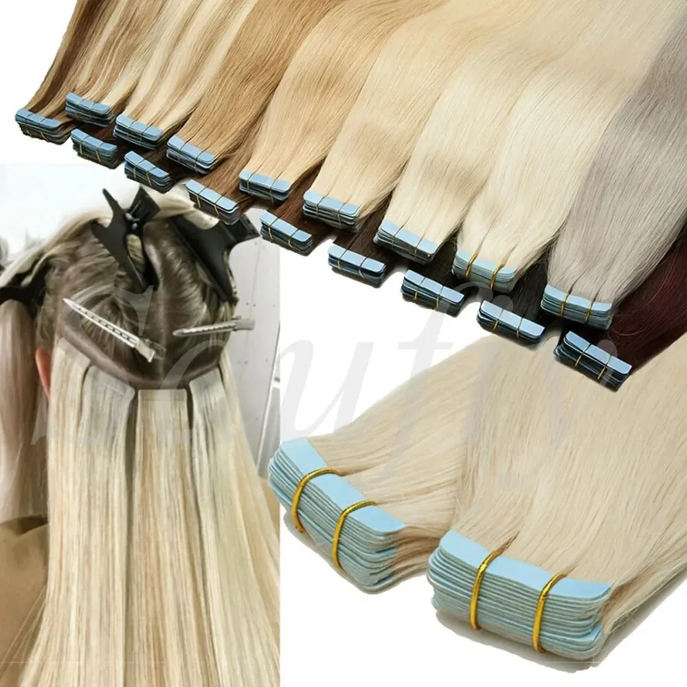 Fita reta loira em extensões de cabelo humano 20 unidades / pacote em linha reta natural preto loiro marrom fita ins extensões de cabelo 12-20 polegadas fita de trama de pele dupla face sem costura em extensões de cabelo para mulheres — image 3