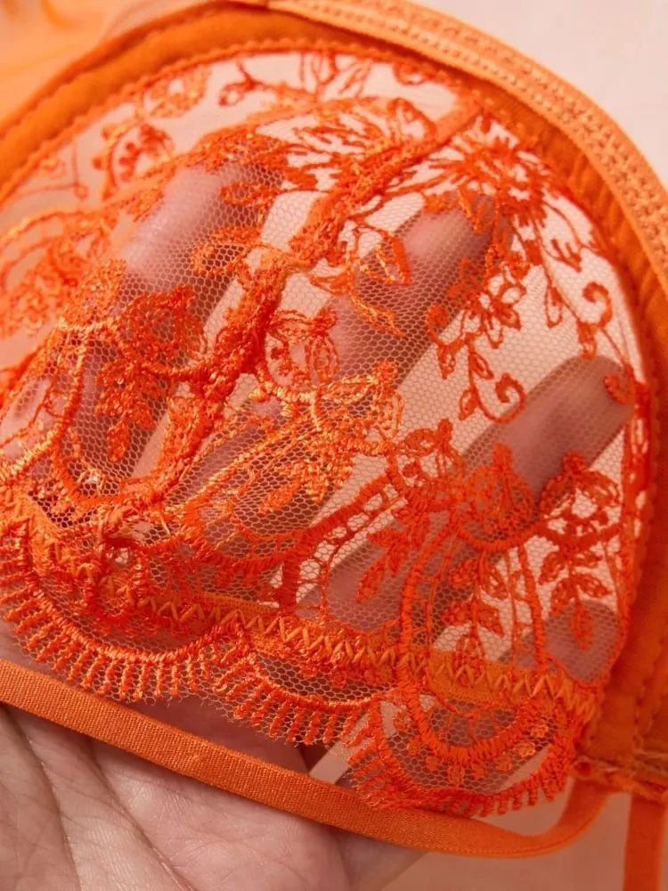 Sexig Orange Spets Underkläder Set Kvinnor Push Up BH och Trosa Set Butterfly Rosett Underkläder Kvinnliga Intimates Sovkläder — image 6