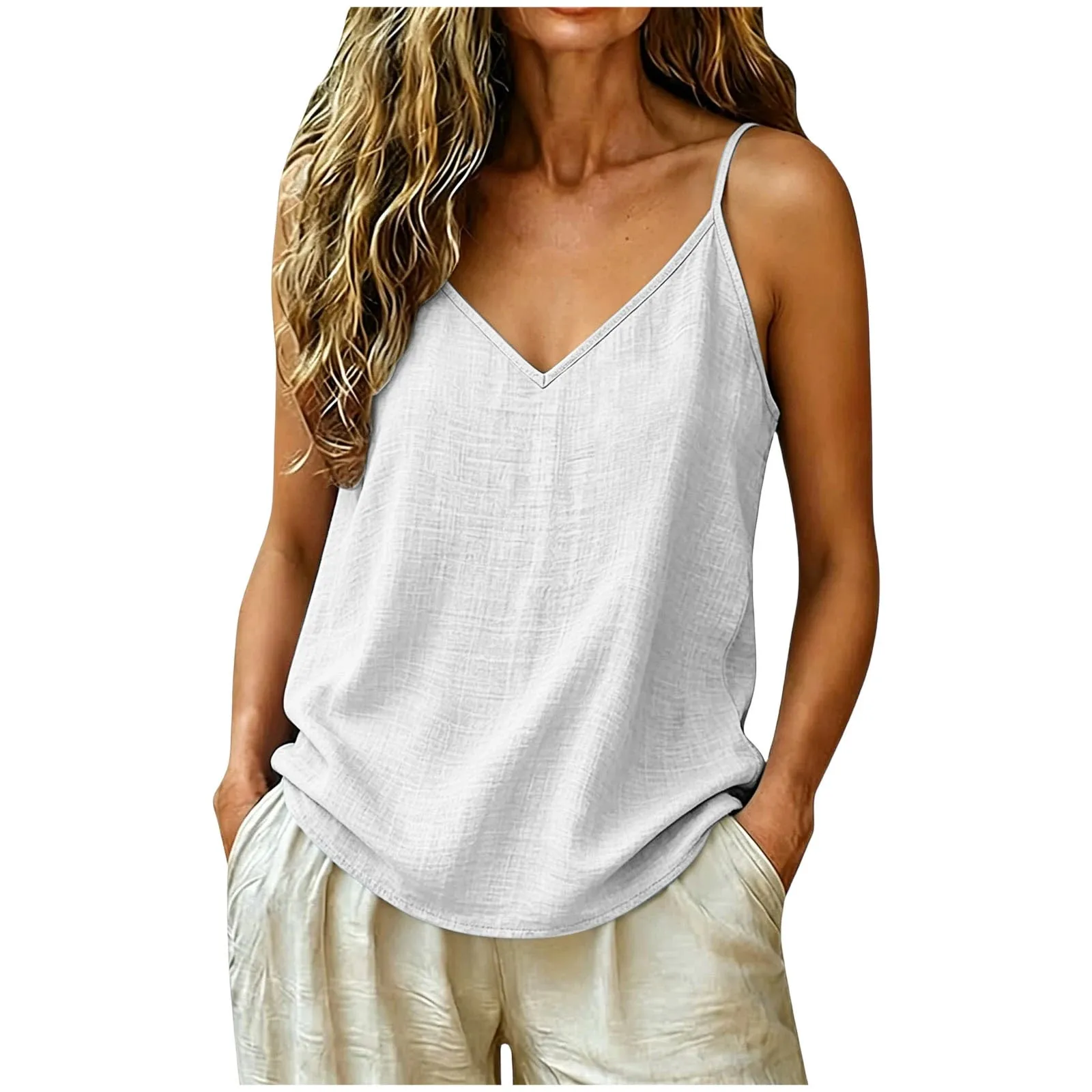 Women Cotton Linen Spaghetti Strap Tank Top V Neck Solid Color Loose Fit Lightweight Casual Sleeveless Camisole Summer Beach Top — image 5