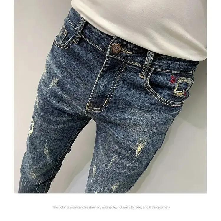 Harajuku Fashion Autumn New Blue Jeans Men's Trendy Brand Scratches Cargo Work Korean Slim-fitting Trousers Luxury Elastic Pants — image 4