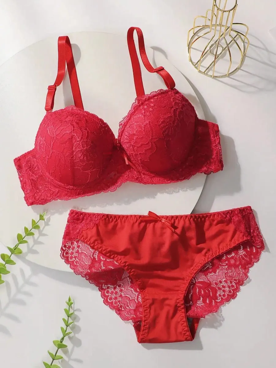 Conjunto de lingerie sexy de renda vermelha para reunião feminina push up roupa interior para mulher conjunto de roupa interior flor a2155 — image 3