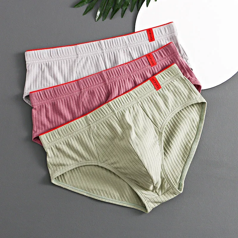 1/3PCS Panlalaking Brief sa Gitnang Baywang Elastic Soft Breathable Anti-septic U Convex Striped Solid Color Casual Men Underpants Underwear men — image 4