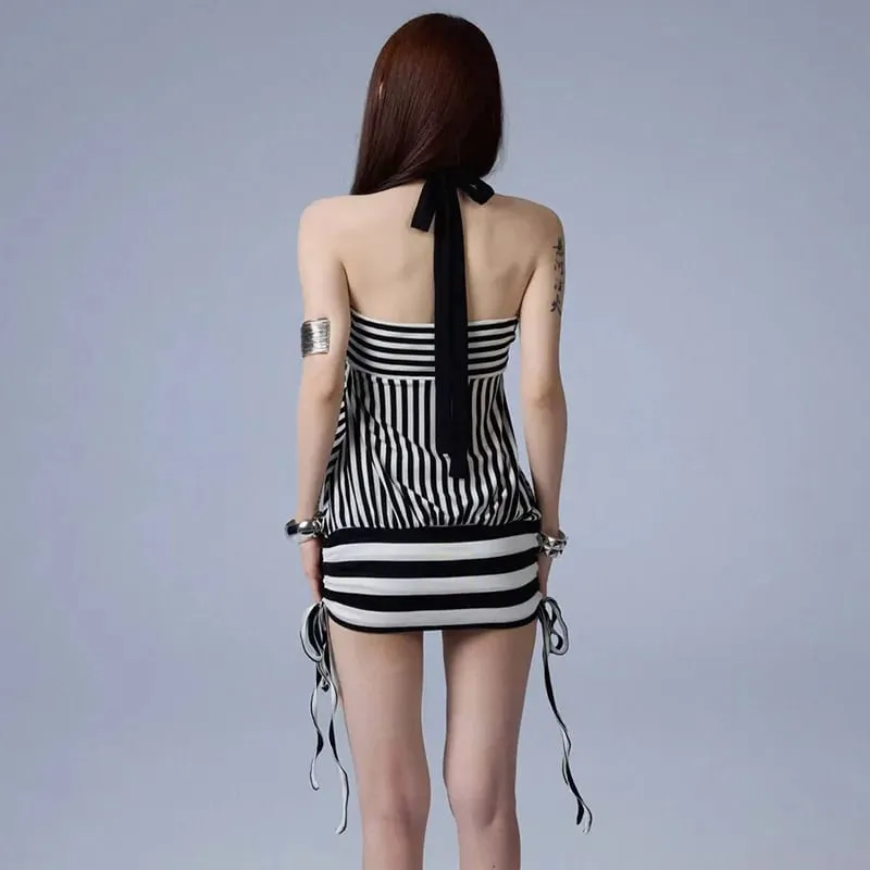 Women Summer Sexy Strapless Striped Bandage Waist Mini Dress Slim Bodycon Short Party Dresses — image 6