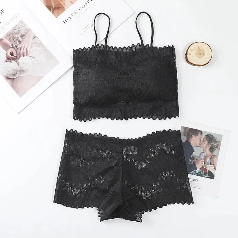 Women Lace Tube Bra and Panty Set Wireless Underwear Summer Padded Bralette Female Sexy Lingerie Low Rise Briefs