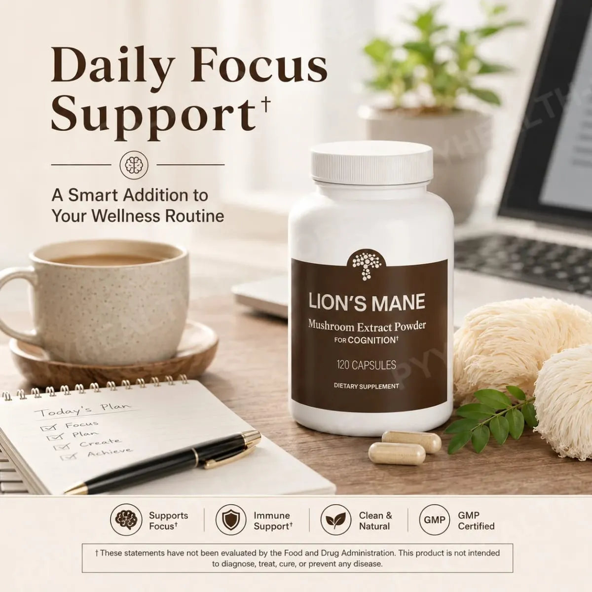 Lion's Mane Mushroom Extract 1000 mg with 300 mg Beta-Glucans Daily Focus and Wellness Support 120 Capsules 60 Servings — image 3