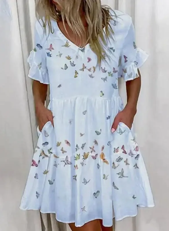 Vestido de verão feminino casual com decote em v manga curta manga borboleta floral folha carta impressão mini vestidos ysx9032 — image 14