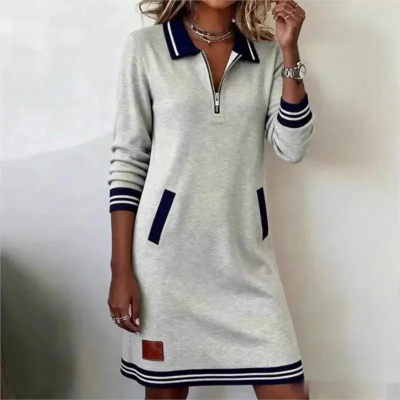 Autumn Winter Fashionable Versatile Women's Dress Casual Contrasting Color Splicing Lapel Long-sleeved Loose Dress With Pockets — image 2