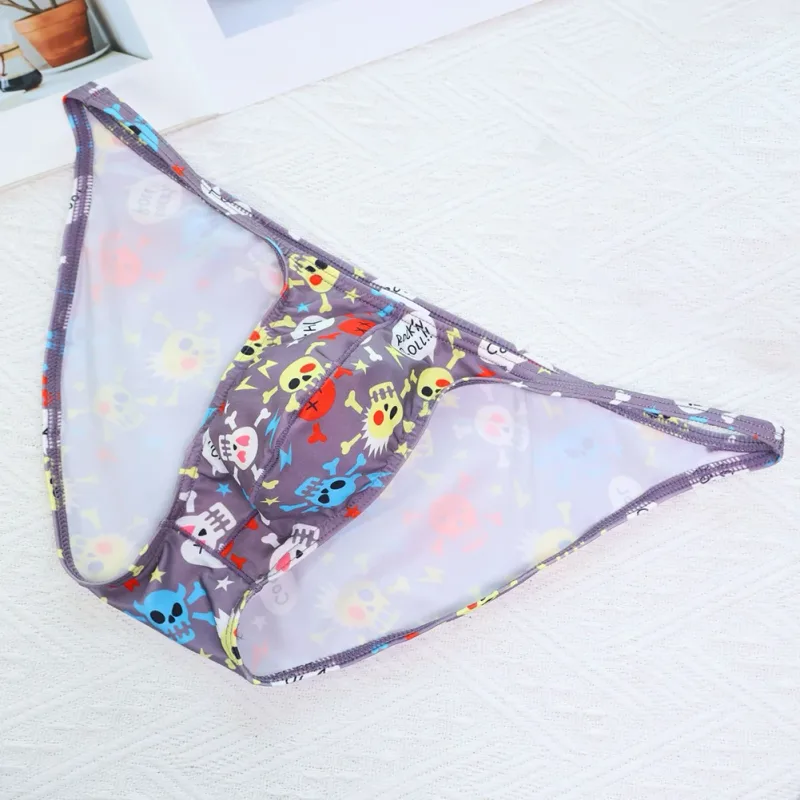 Cuecas masculinas de cintura baixa com bolsa grande e estampa de caveira, tecido elástico confortável para uso diário