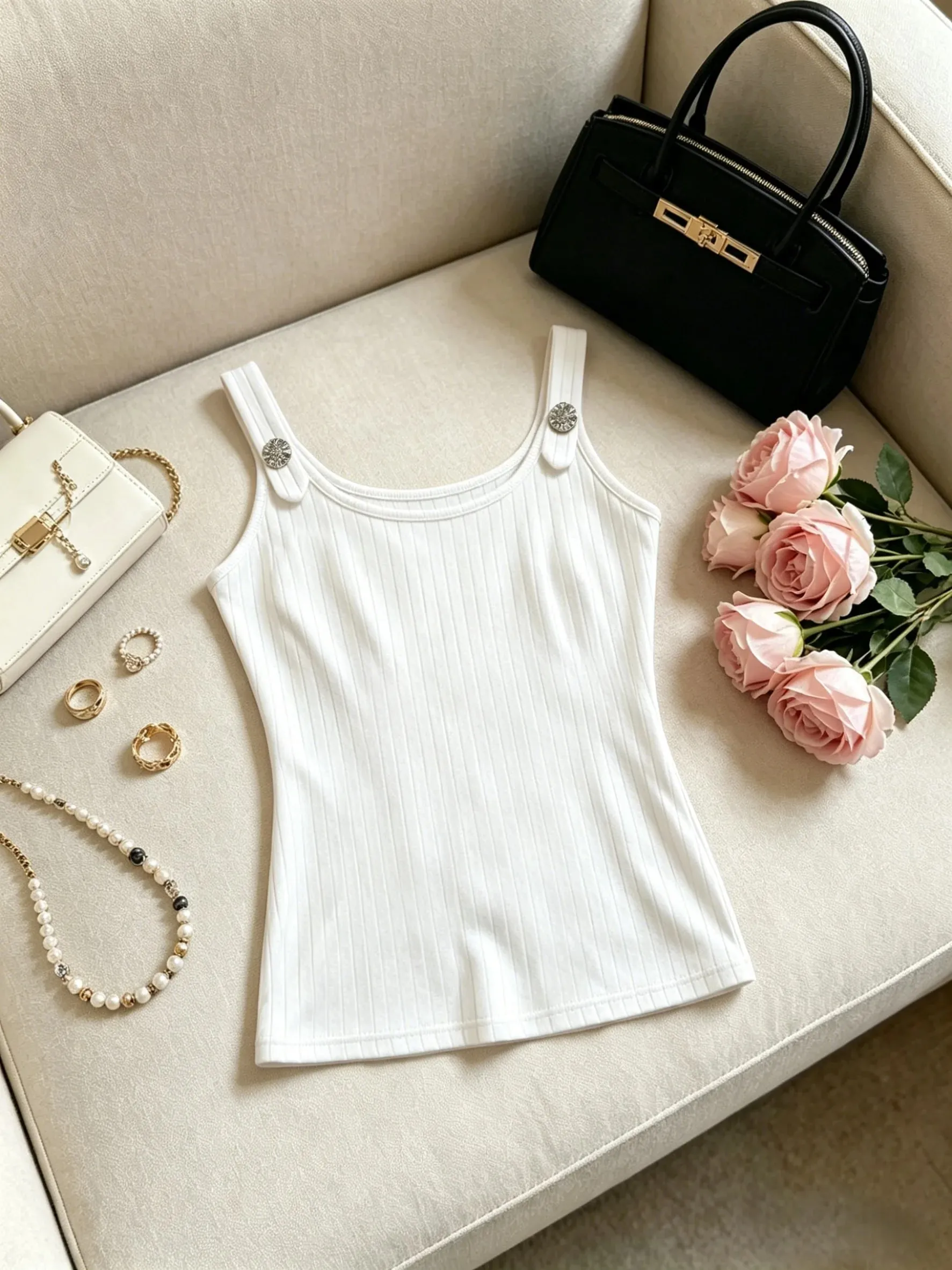 Women Pink Ribbed Tank Top Casual Metal Button Detail U Neck Form Fitting Sleeveless Cami Top — image 6