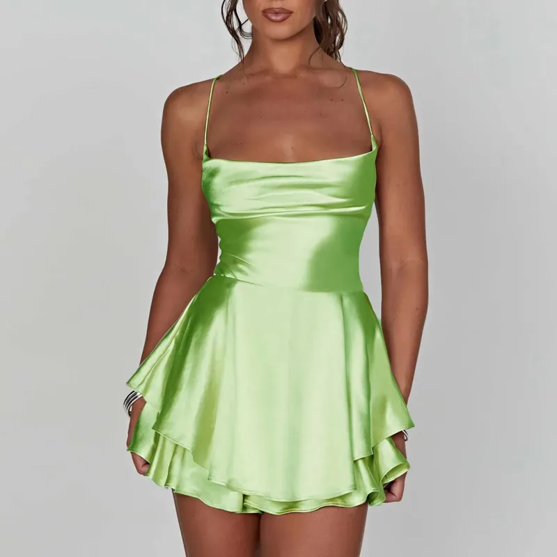 Satin Silk Women Sexy Cami Playsuits Dress Solid Cowl Neck Sleeveless Short Jumpsuits Summer Cross Tie-Up Backless Romper — image 11