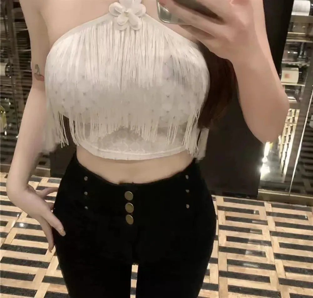 Decorative Halter Top with Padded Cups Long Tassel Pearl Sparkling Diamond Retro Millennial Style Sexy Halter — image 4
