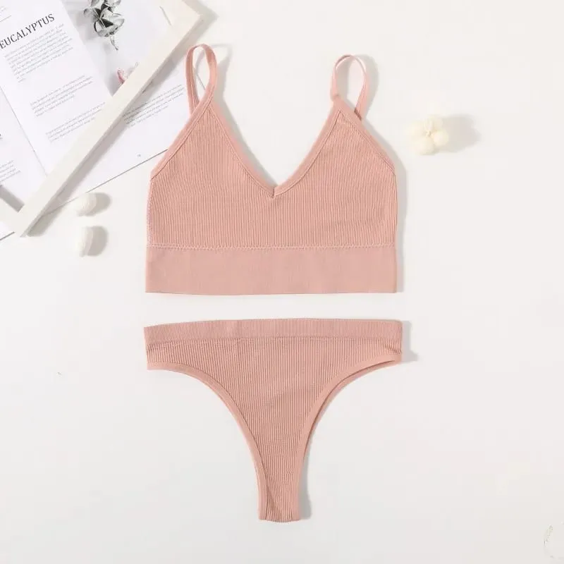 Women Seamless Bra And Panties Set Low Waist High Leg Cut Thongs Non-Wire Bra Top Sexy Lingerie Ladies U-Back Underwear Set — image 11
