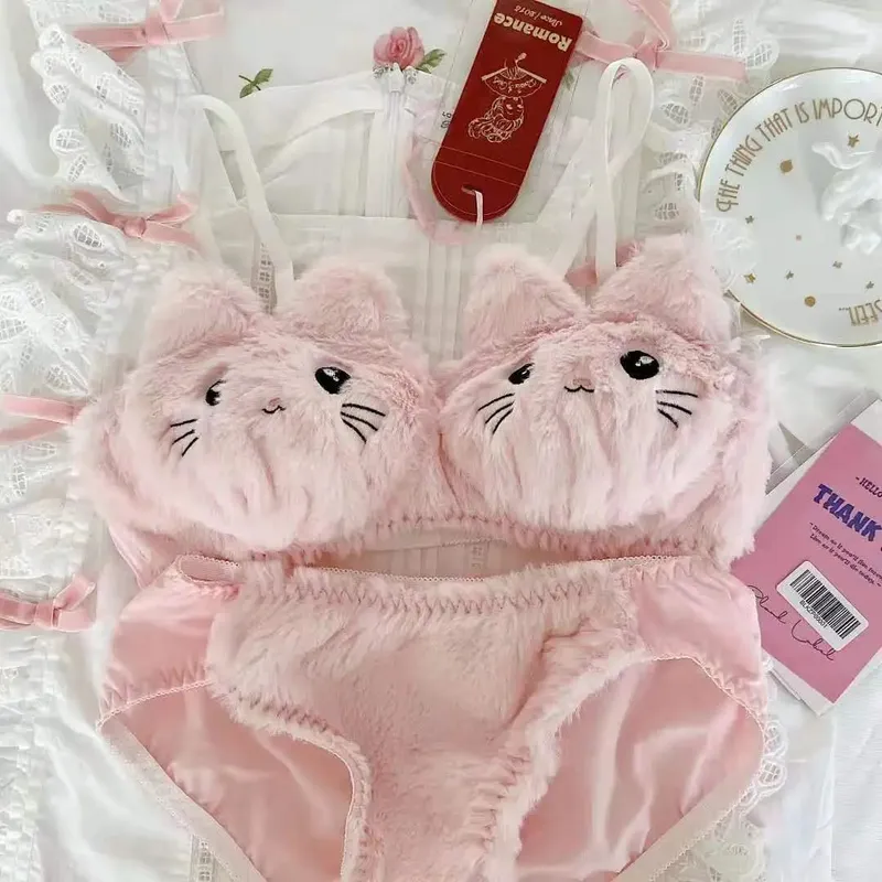 יפנית Kawaii בפלאש נשים סט חזיית ילדה חמודה חתול נוחה סט חזייה מצוירת הלבשה תחתונה מקסימה רכה לסטודנטים — image 4
