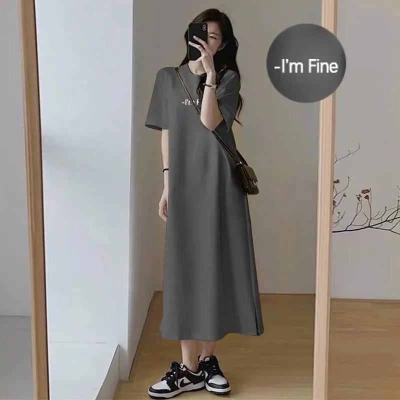 Women Korean Loose T-shirt Dress Summer Letter Print Split Midi Dress O Neck Short Sleeve Casual Lazy Long Dress — image 6