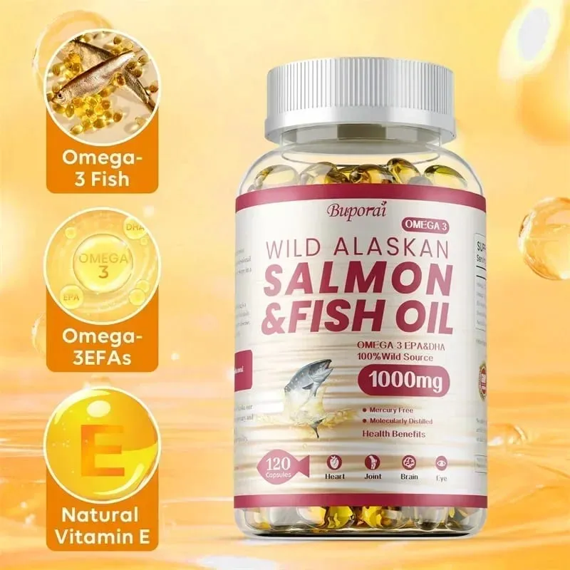 Óleo de peixe salmão - rico em EPA + DHA apoia a saúde das articulações, do cérebro e dos olhos, melhora a função imunológica e é antioxidante